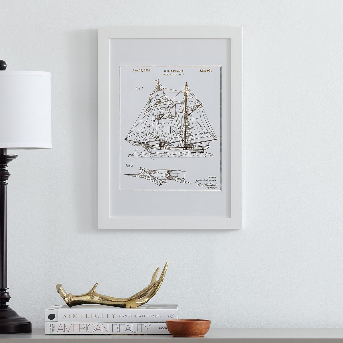 Amazon Brand – Stone & Beam Modern Gold Ink Reprint of Sailing Ship Patent, White Frame, 15" x 21"
