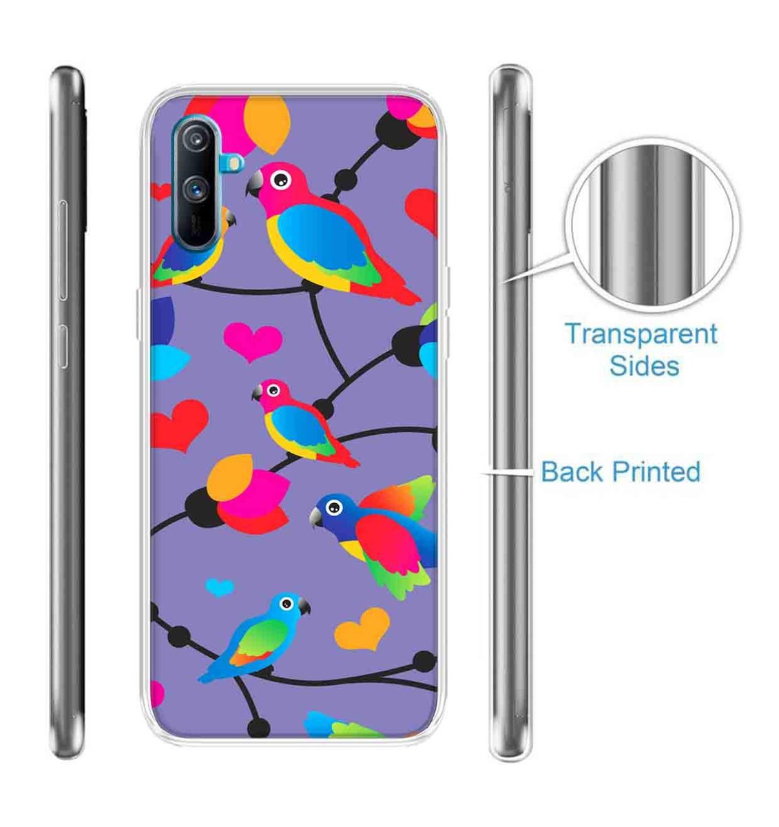 Amazon Brand - Solimo Designer Multicolor Flycatchers Birds Violet Patterns Design Printed Soft Back Case Mobile Cover for Realme C3