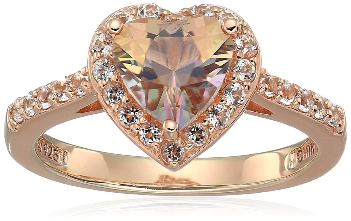 Womens Rose Gold Plated Sterling Silver Swarovski Zirconia Heart Misty Rose Topaz Halo Ring, Size 6