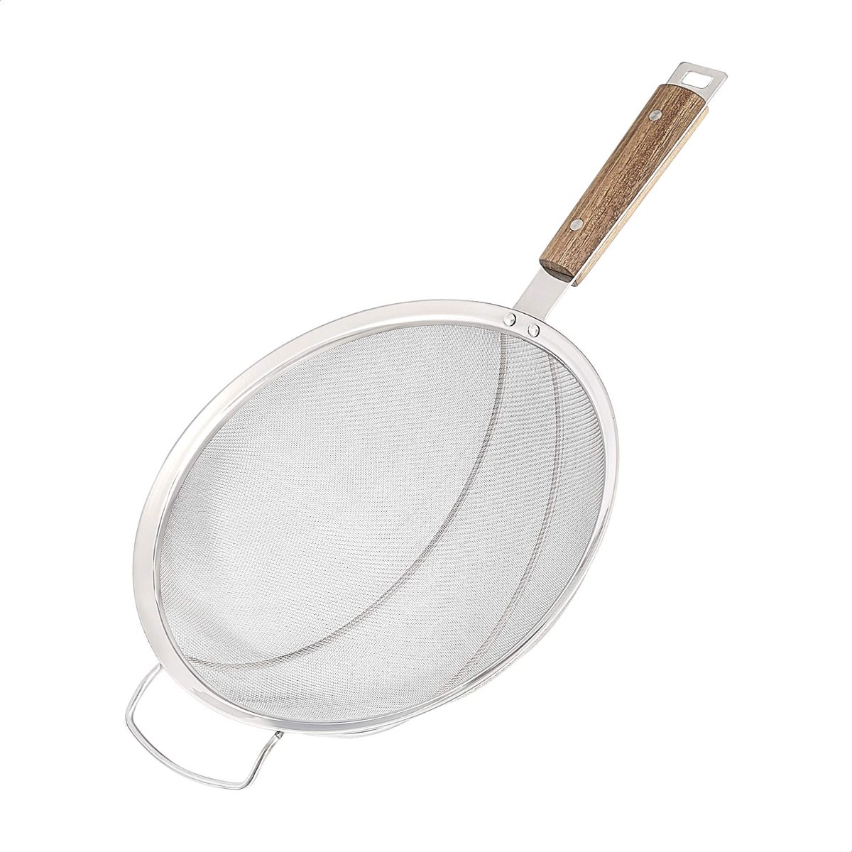 AmazonCommercial Stainless Steel Double Fine Mesh Strainer, Acacia Handle, 9.75 Inch
