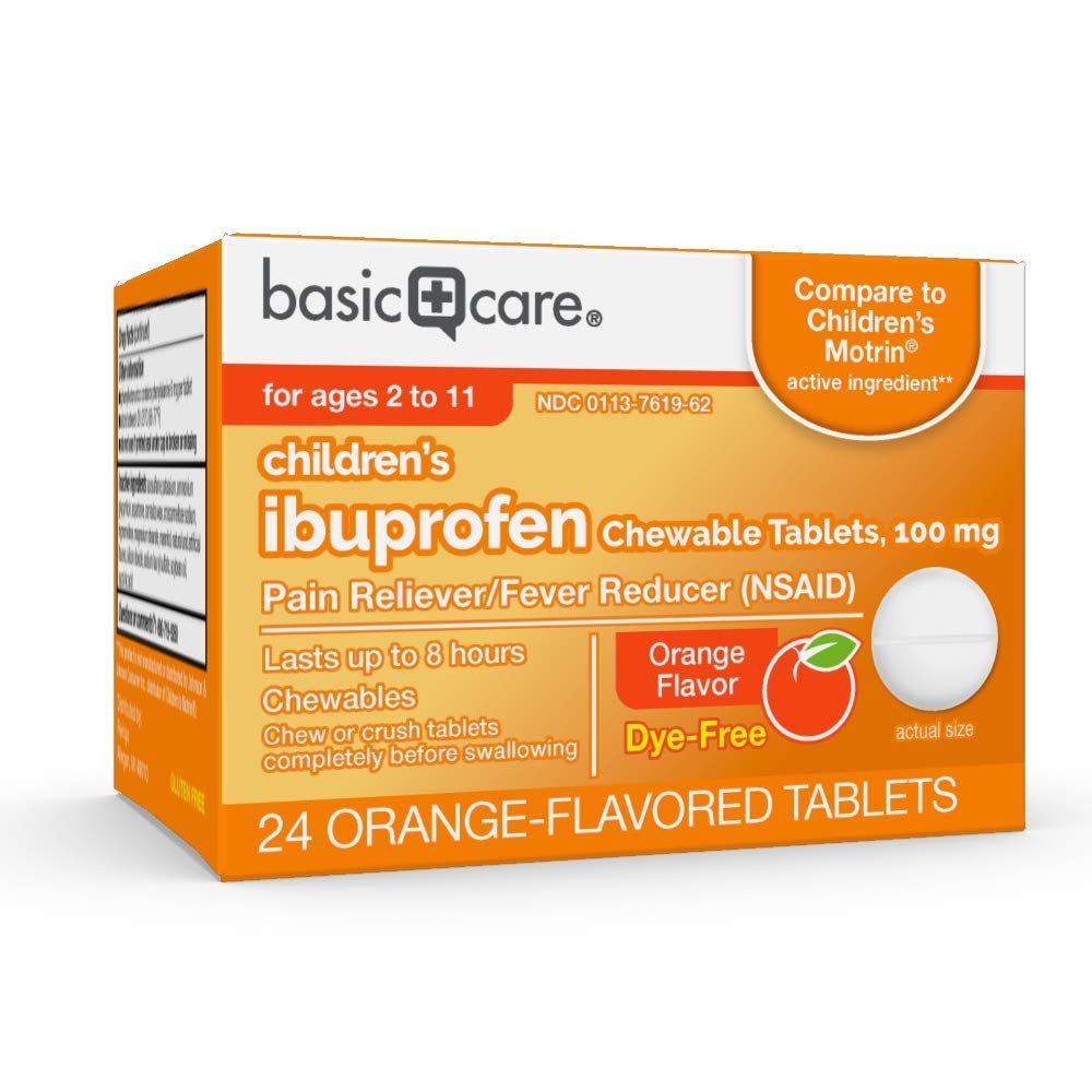 Basic Care Children's Ibuprofen Chewable Tablets, 100 Mg, Orange Flavored, 24 Count