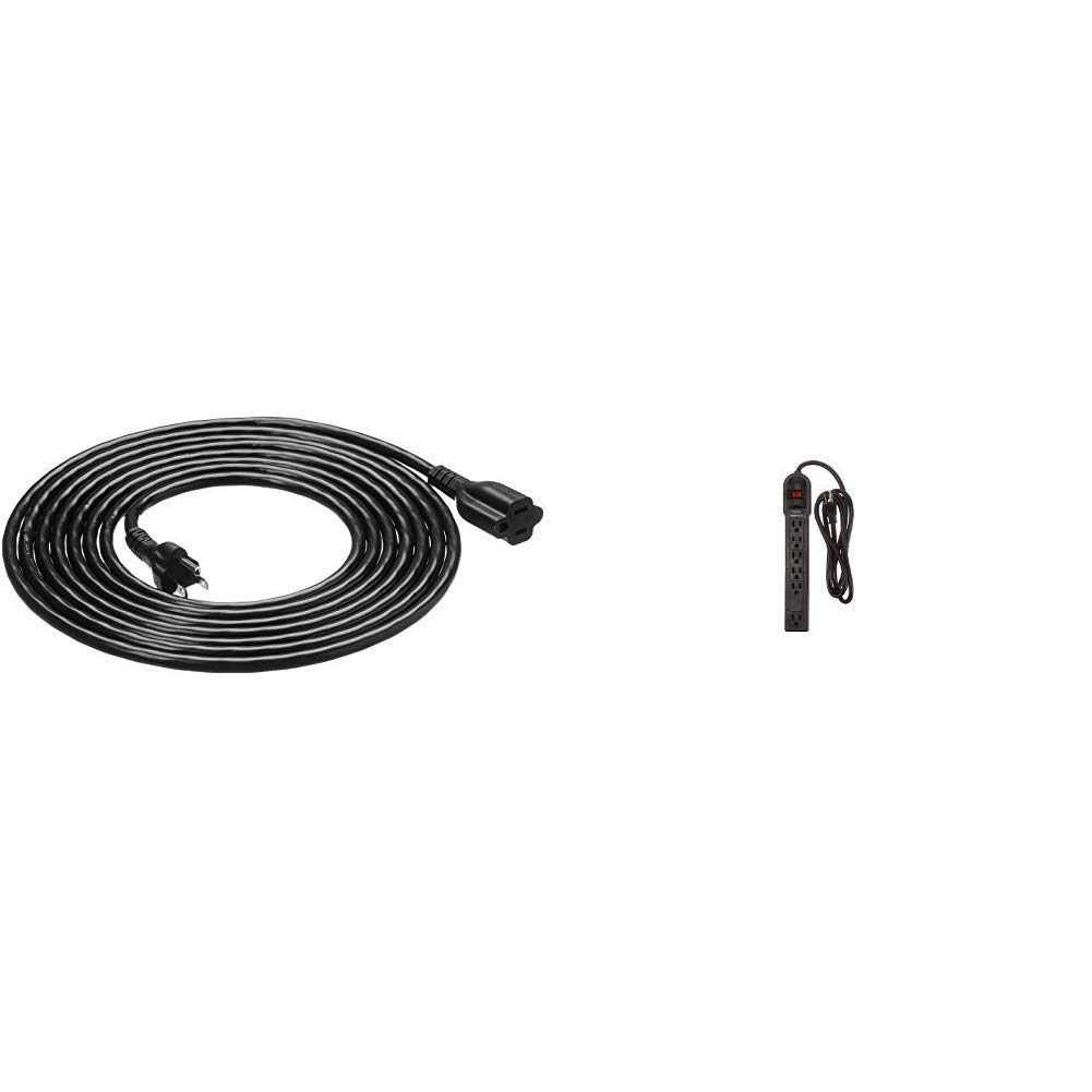 AmazonBasics Extension Cord - 15 feet - US - Black & 6-Outlet Surge Protector Power Strip, 790 Joule - Black