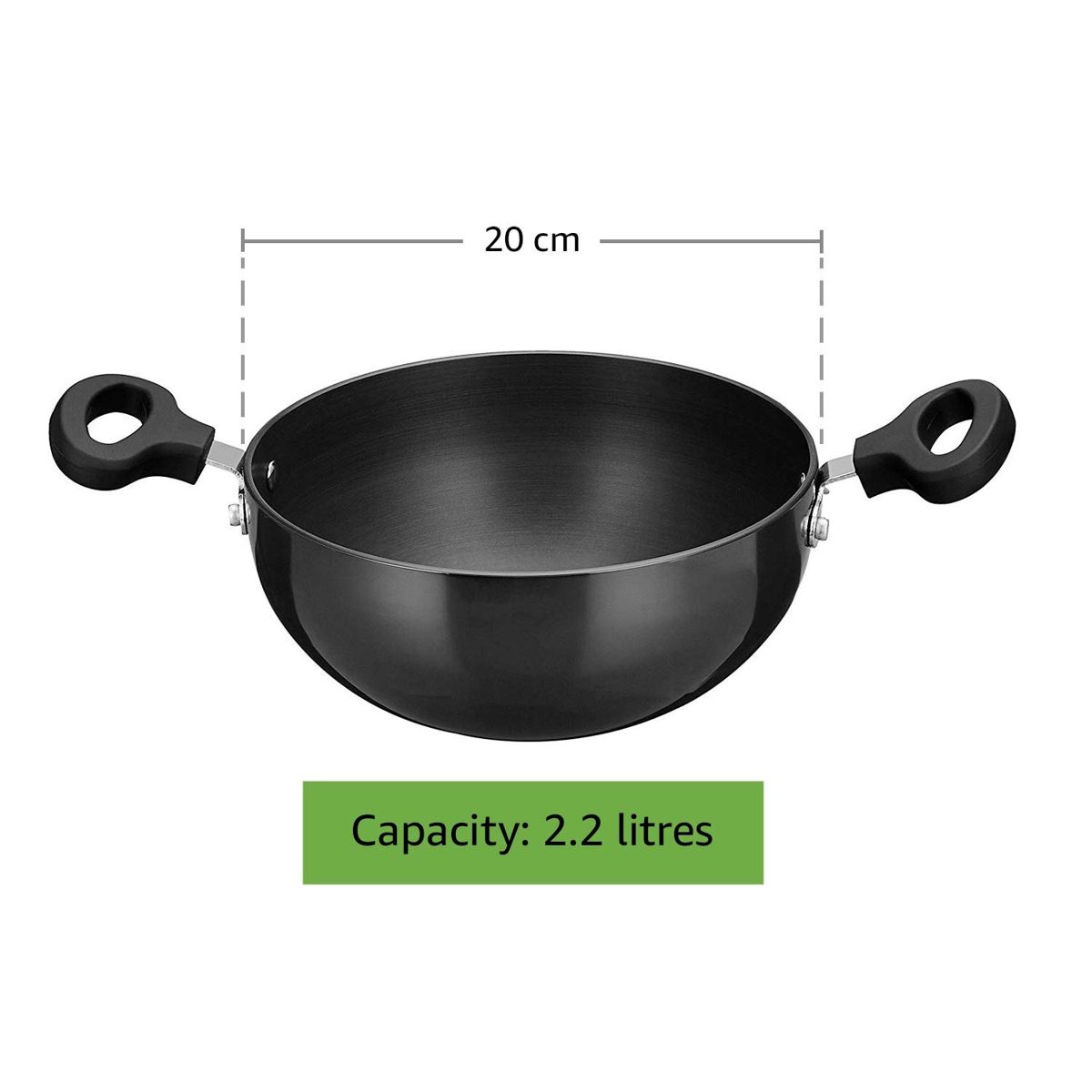 Amazon Brand - Solimo Hard Anodized Kadai with Glass Lid, 20 cm, (Induction and Gas Compatible), Black