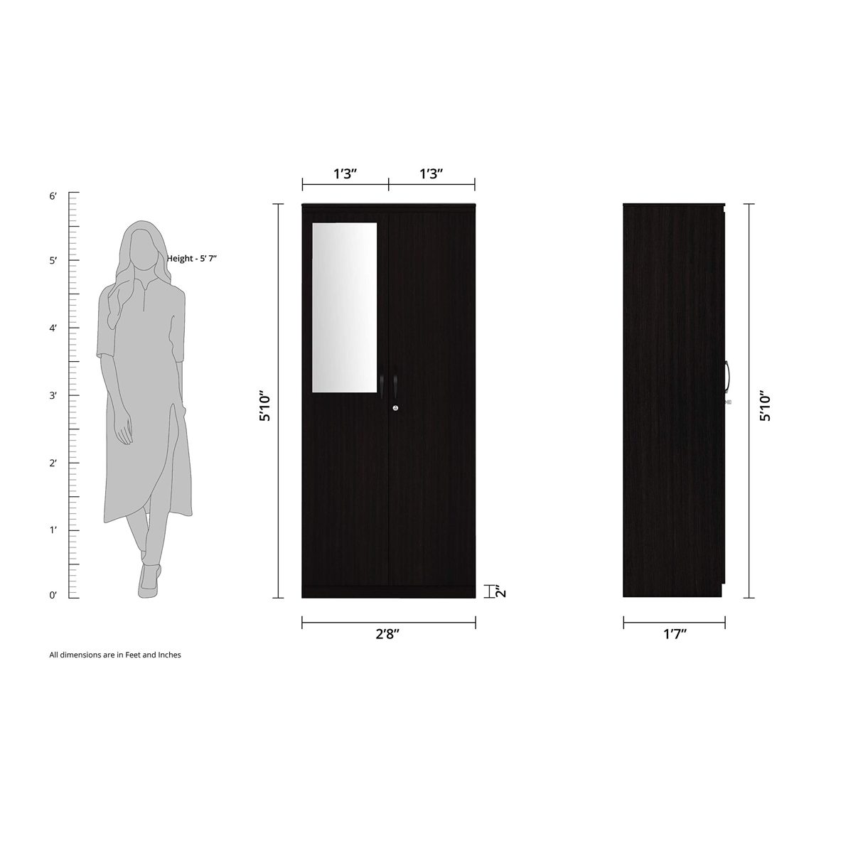 Amazon Brand - Solimo Vega Engineered Wood 2 Door Wardrobe with Half Mirror (Espresso Finish)