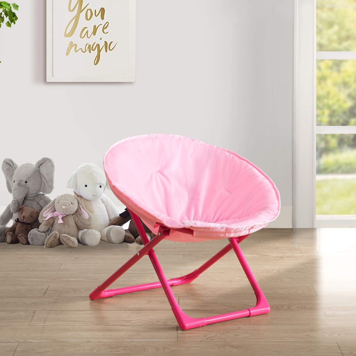 AmazonBasics Kids Folding Moon Indoor Papasan Chair for Children - Solid Pink