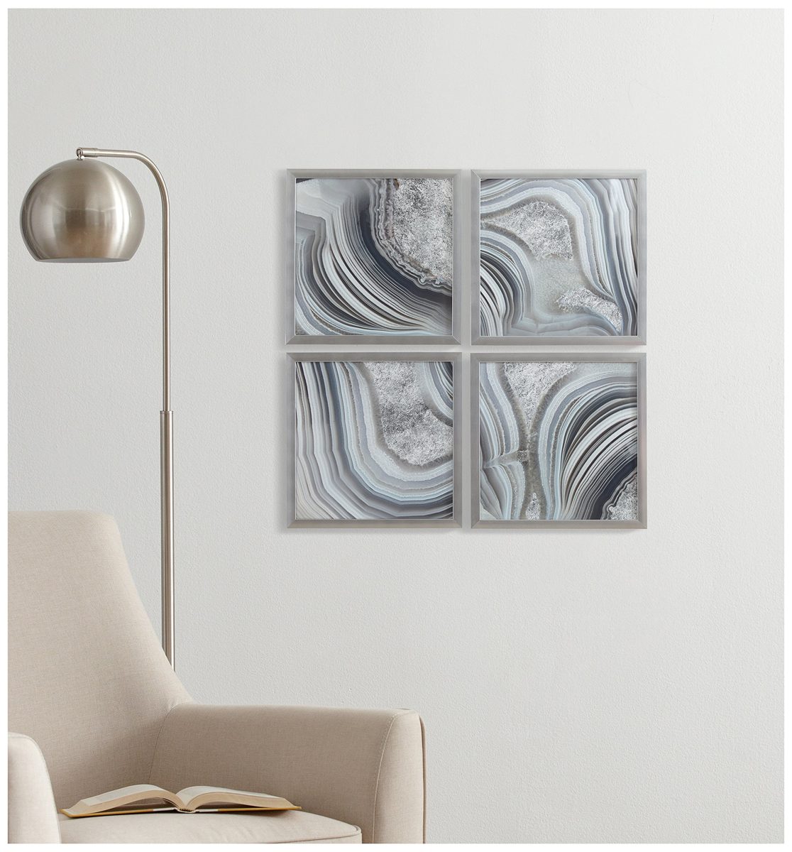 Amazon Brand – Rivet Set of 4 Silver Geodes Prints Wall Art Decor in Silver Frames, 12" x 12" Each, 24" X 24" Overall