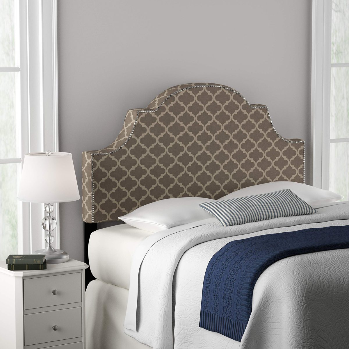 Amazon Brand – Ravenna Home Trellis Pattern Upholstered Headboard - Queen, 61.6 Inch, Grey and Cream