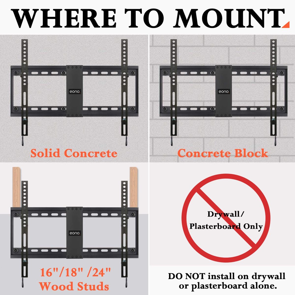 Eono Essentials TV Wall Mount Tiltable for Many 26-55 Inch LEDs, LCD, OLED, Plasma TVs up to VESA 400 x 400 mm and 40 kg, Inclinable TV Bracket including Fischer dowels