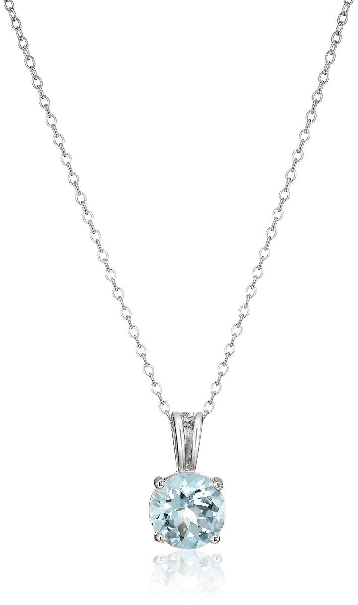 Amazon Essentials Sterling Silver Round Cut Aquamarine Birthstone Pendant Necklace (March), 18"