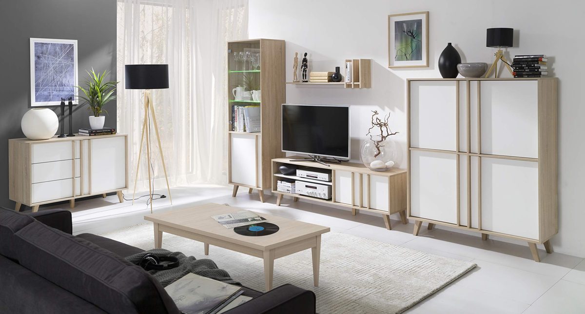 Amazon Brand - Movian Moselle 1-Door Display Cabinet with 5 Shelves, 57 x 185 x 40cm, Light Brown Oak-Effect/White