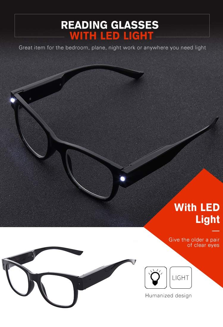 SKYWAY Bright LED Readers with Lights Reading Glasses Lighted Eyewear Clear Vision Unisex(Black, 3.5X)