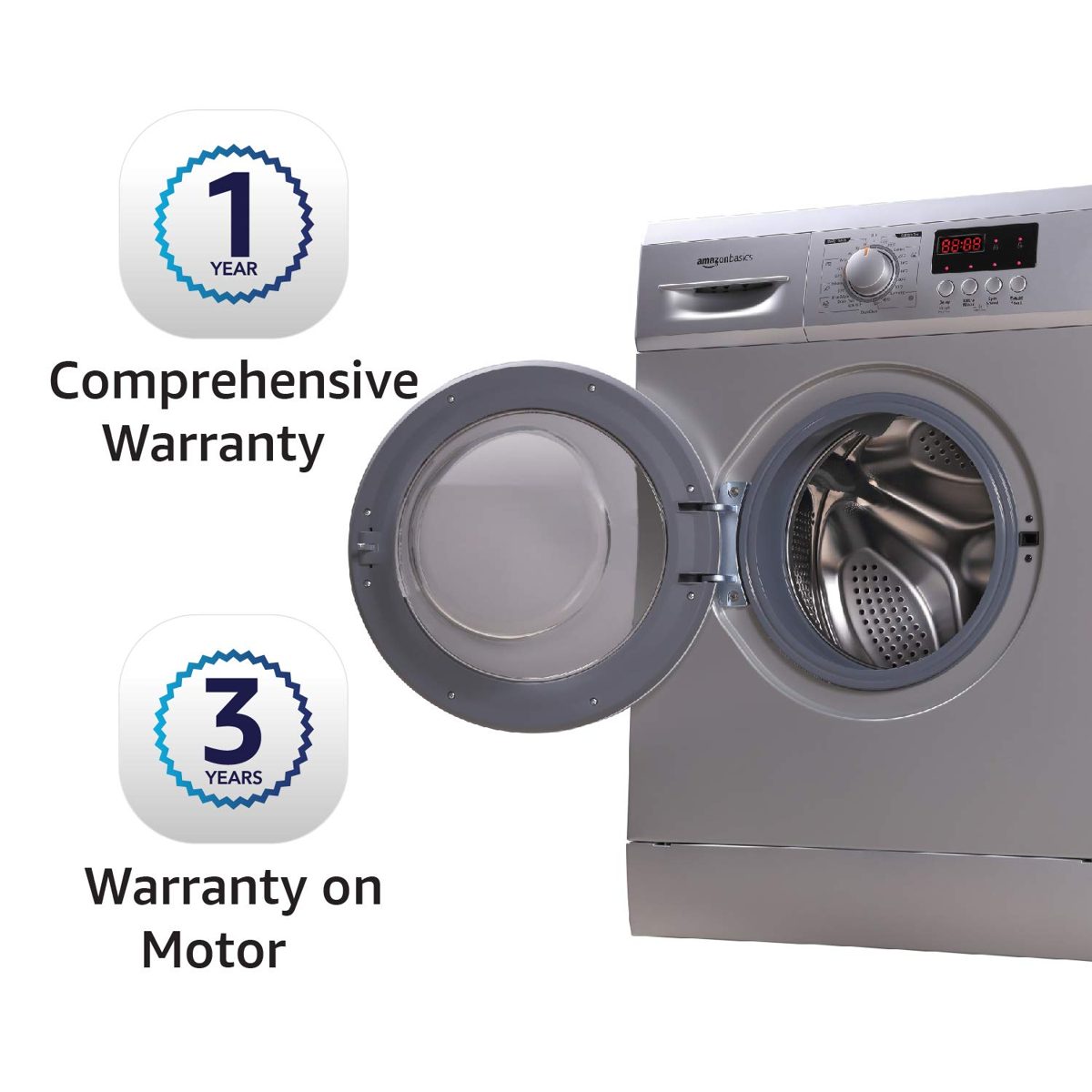 AmazonBasics 7 kg Fully-Automatic Front Load Washing Machine (Grey/Silver, In-built Heater, Self cleaning technology)