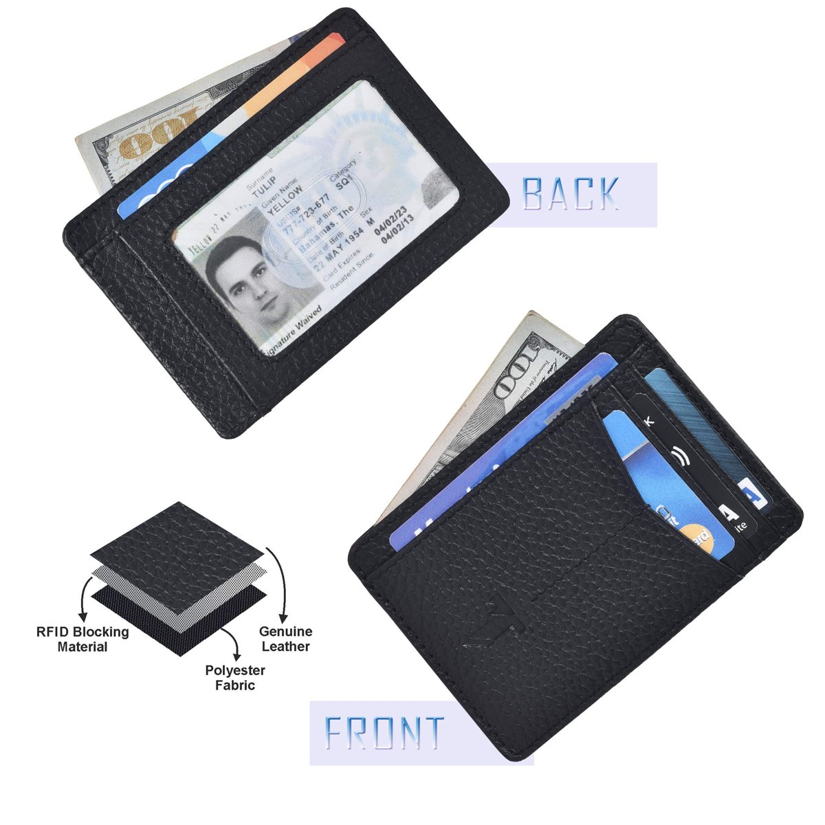 Leather Wallets Slim Wallets for Men with RFID - Travel Wallet Wallets for Men RFID Blocking Front Pocket Wallet (Black Pebble)