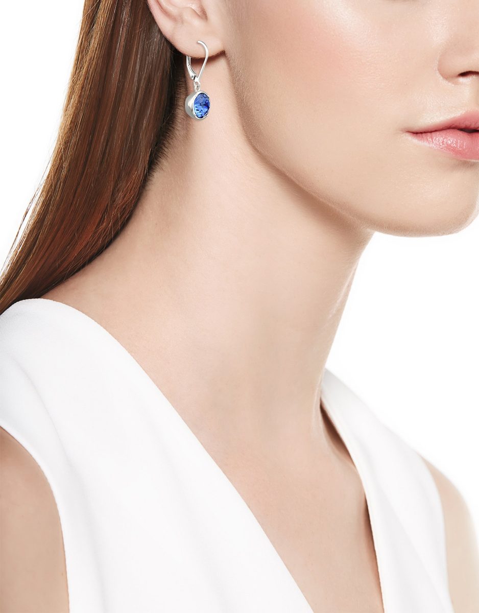 Sterling Silver Crystal Round Lever Back Drop Earrings