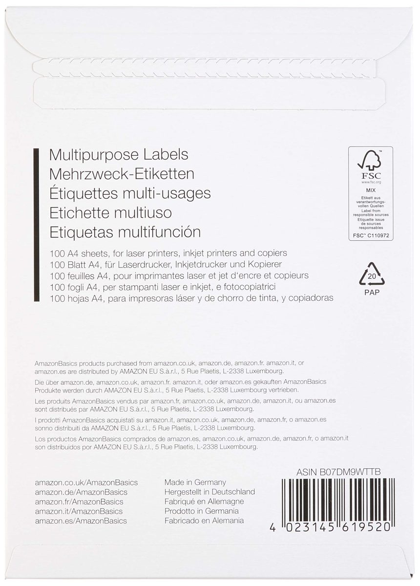 AmazonBasics Multipurpose Address Labels, 99.1mm x 67.7mm, 100 Sheets, 8 Label per Sheet, 800 Labels