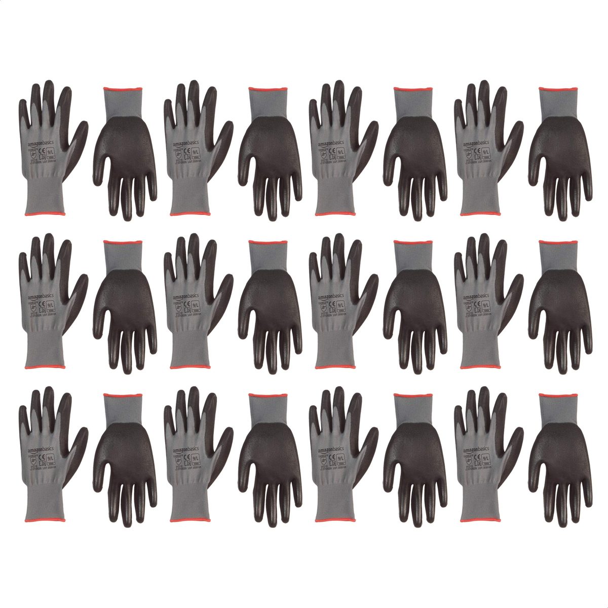 AmazonBasics Polyurethane-Coated Work Gloves, Polyester Liner Fibre, Touch Screen, Grey, Size 9, L, 12 Pairs