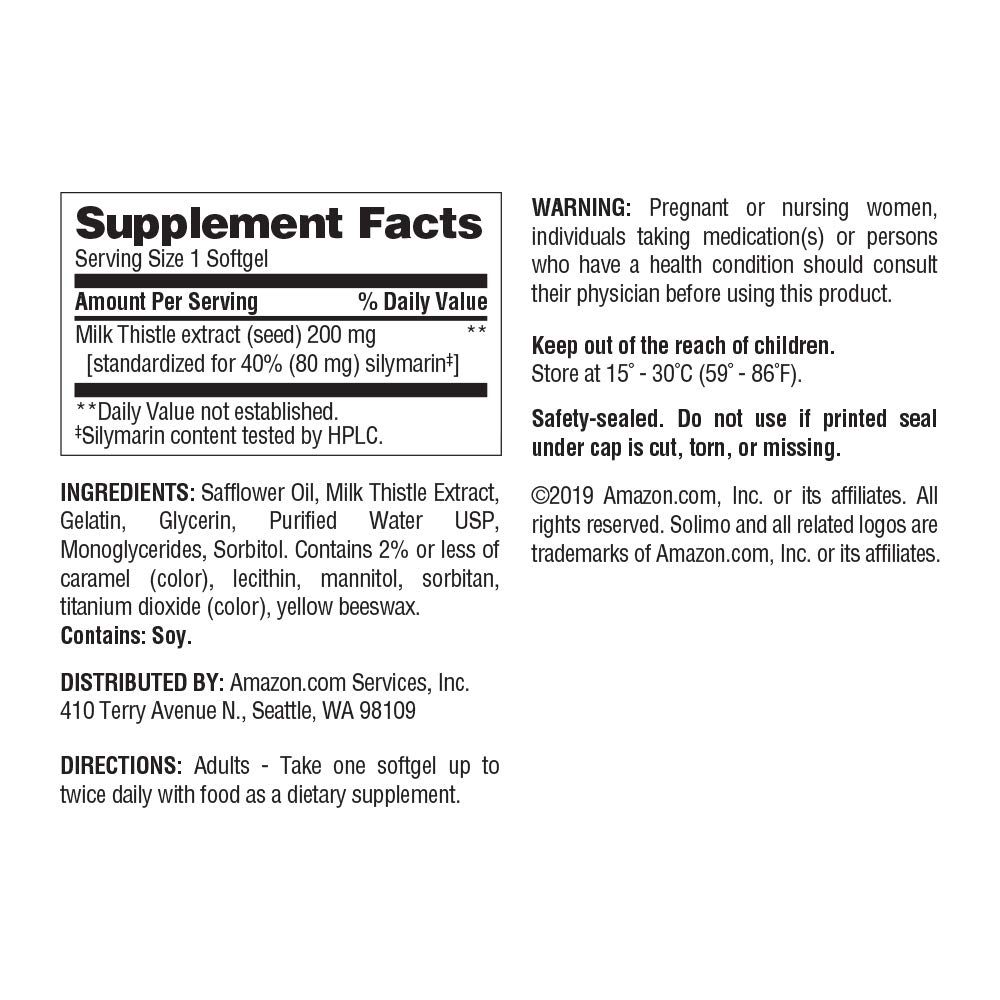 Amazon Brand - Solimo Milk Thistle 200mg, 90 Softgels, Up to Three Month Supply
