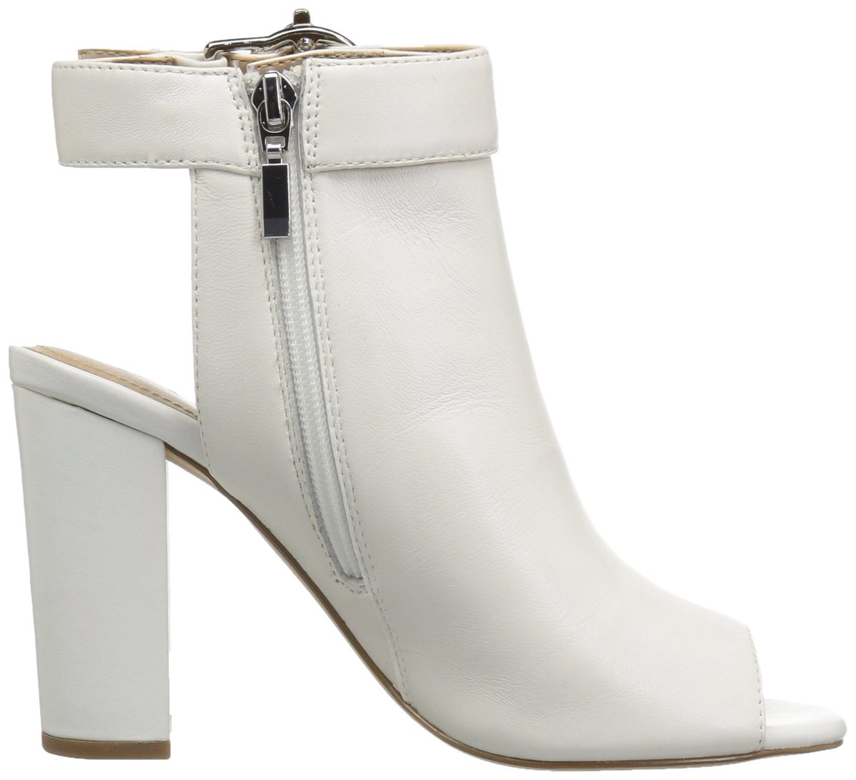 Amazon Brand - The Fix Women's Giana Open Toe Bootie with Pearl Buckle, bright white leather, 6.5 B US