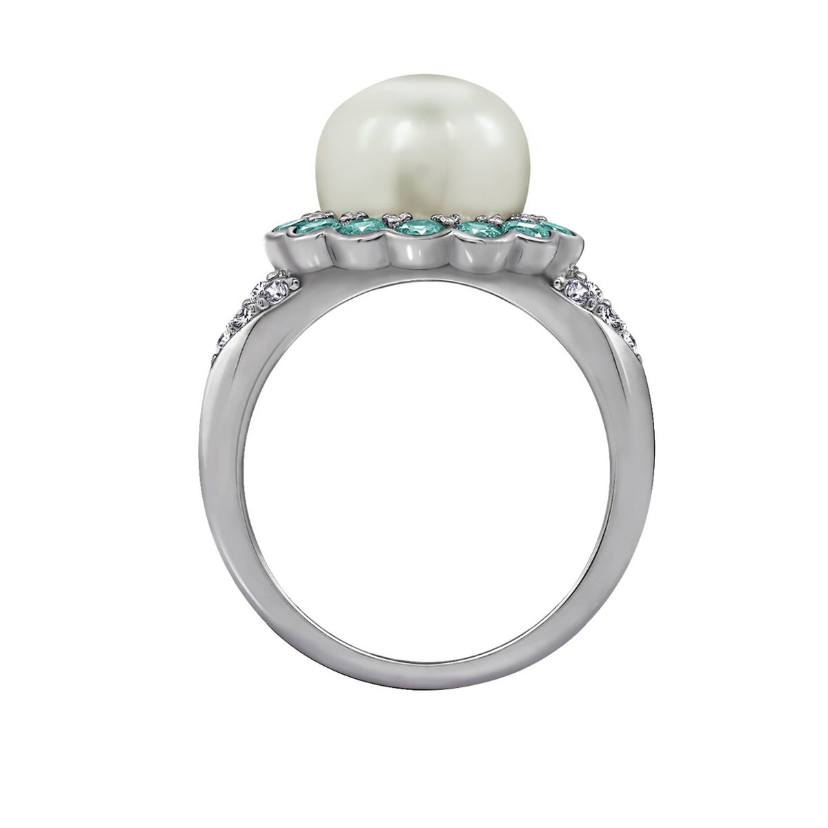 Platinum Plated Sterling Silver Freshwater Pearl Flower with Frosty Mint Swarovski Zirconia Accents Ring, Size 7
