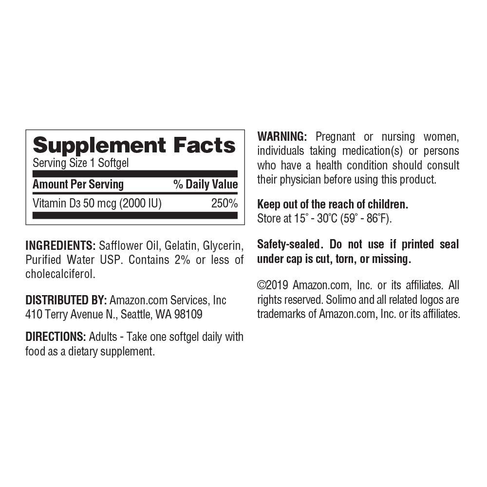 Amazon Brand - Solimo Vitamin D3 50 mcg (2000 IU), 250 Softgels, Eight Month Supply