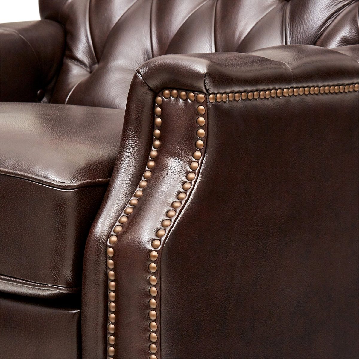 Amazon Brand – Stone & Beam Traditional Nailhead Button Tufted Leather Recliner Chair, 33.4"W, Brown Leather