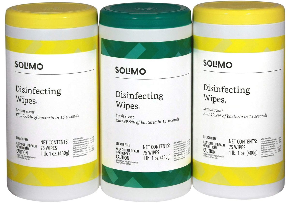 Amazon Brand - Solimo Hand Sanitizer with Vitamin E, 32 Fl Oz (Pack of 4) & Solimo Disinfecting Wipes, Lemon Scent & Fresh Scent, 75 Wipes Each (Pack of 3)