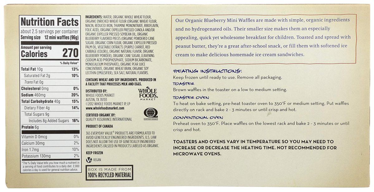 365 Everyday Value, Organic Blueberry Mini Waffles, 32 ct, (Frozen)