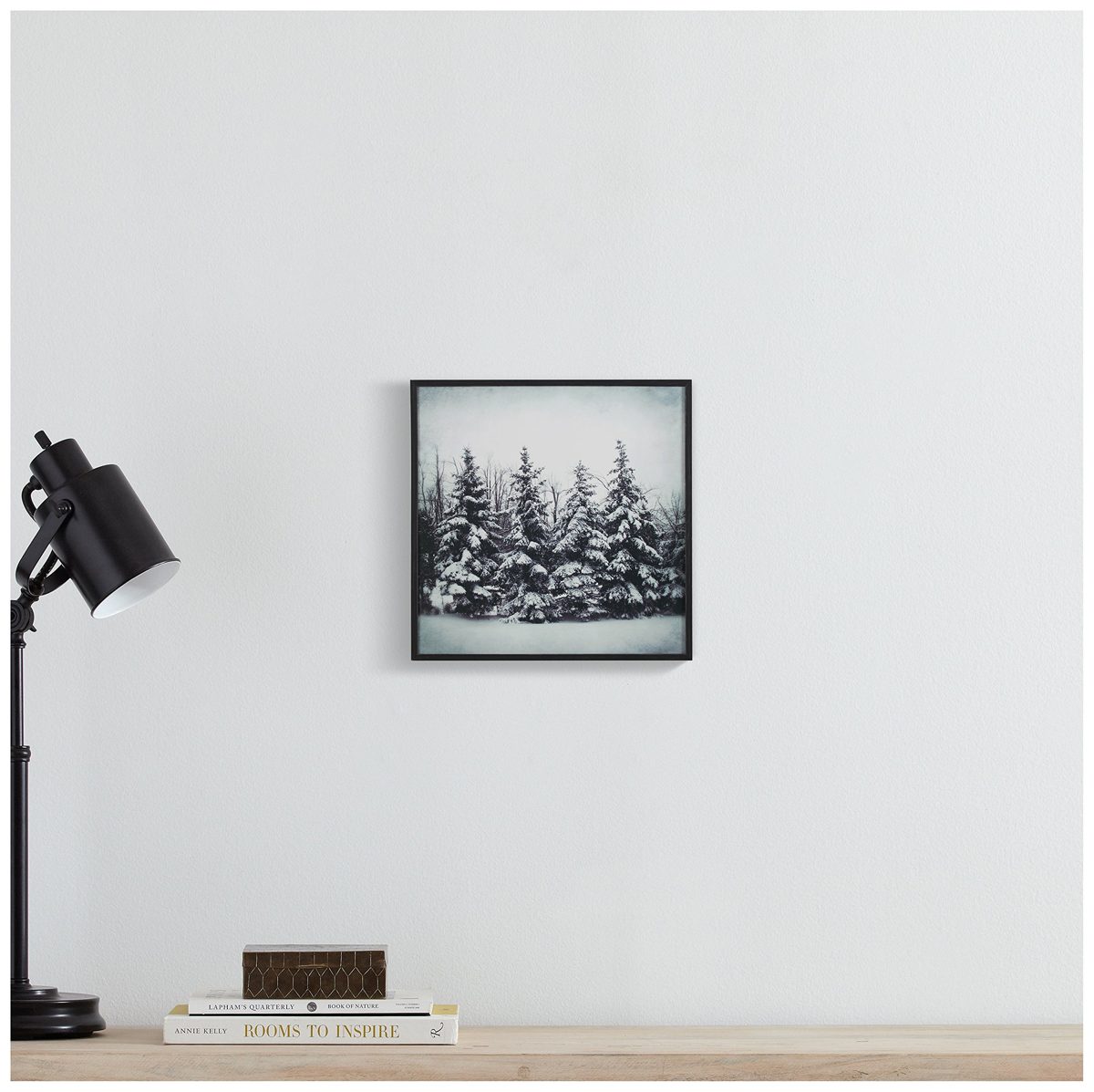 Amazon Brand – Stone & Beam Modern Black and White Print Wall Art of Forest Snow, Black Frame, 12" x 12"