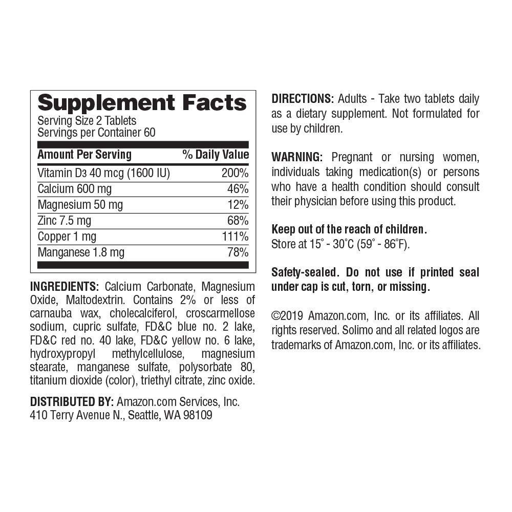 Amazon Brand - Solimo Calcium 600 mg plus Vitamin D3 40 mcg (1600 IU) with Minerals, 120 Tablets (2 Tablets per Serving)