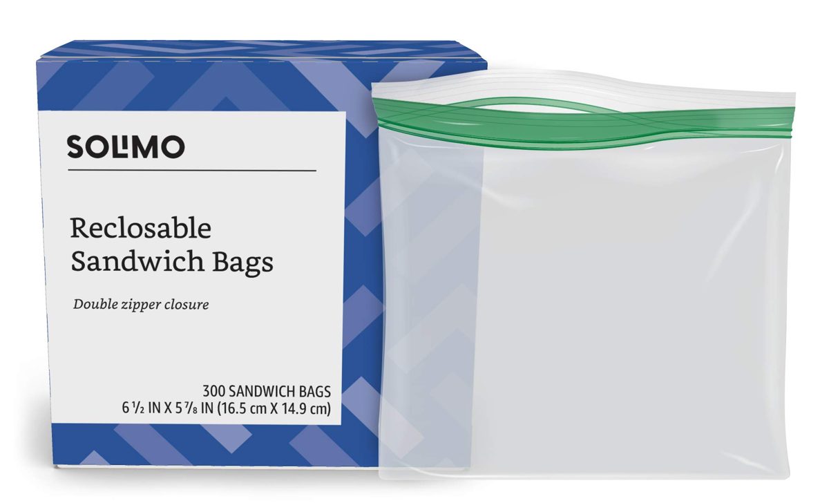 Amazon Brand - Solimo Tall Kitchen Drawstring Trash Bags, 13 Gallon, 90 Count & Sandwich Storage Bags, 300 Count