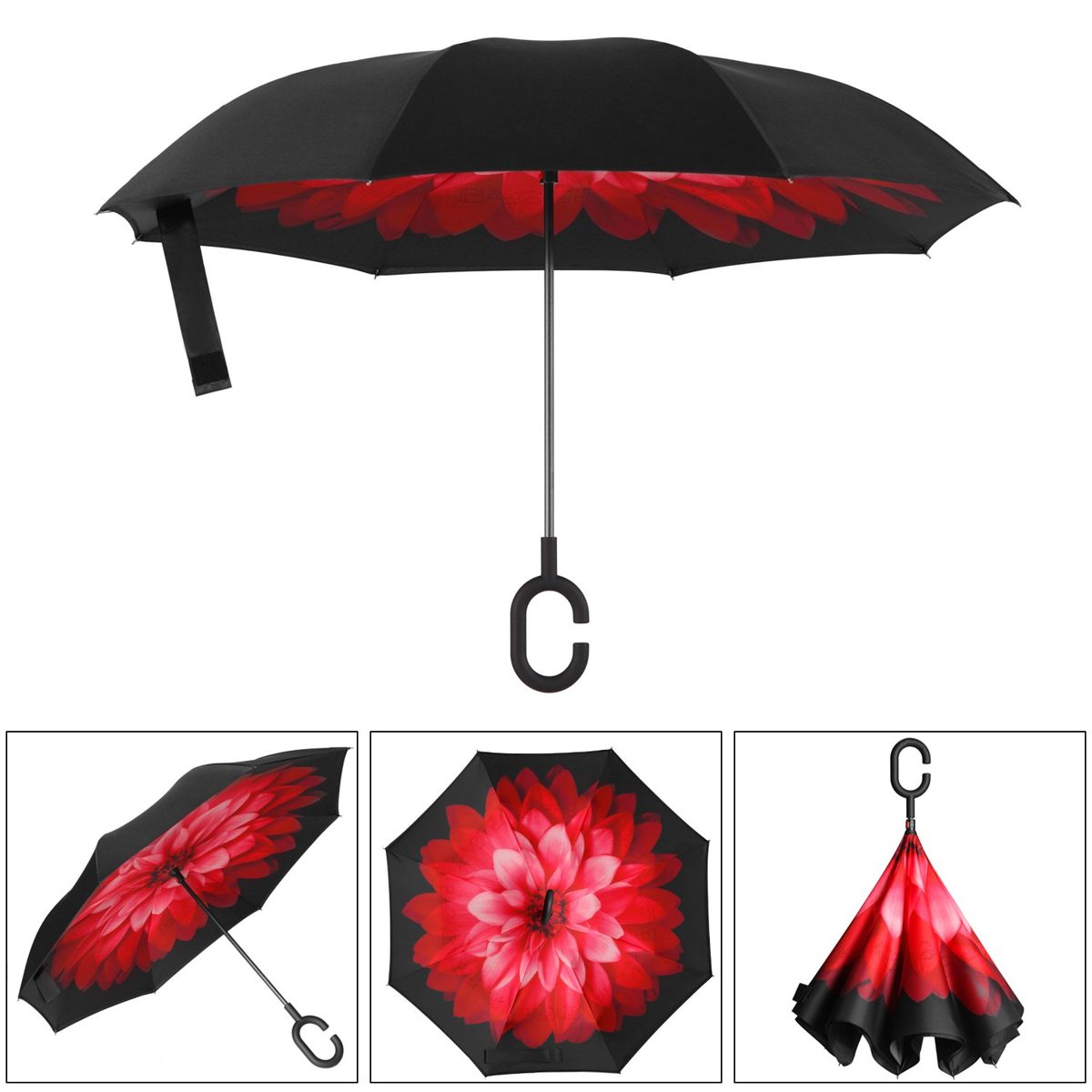 [Amazon Brand] Eono Double Layer Inverted Umbrella, Reverse Folding Umbrella, Self Standing Windproof UV Protection, Travel Umbrella, Car Rain and Outdoor, C-Shape Handles, Pink