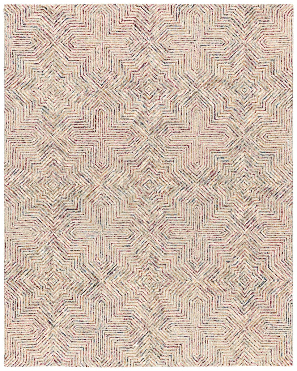Amazon Brand – Rivet Geometric Wool Area Rug, 5 x 8, Ivory, Red, Purple