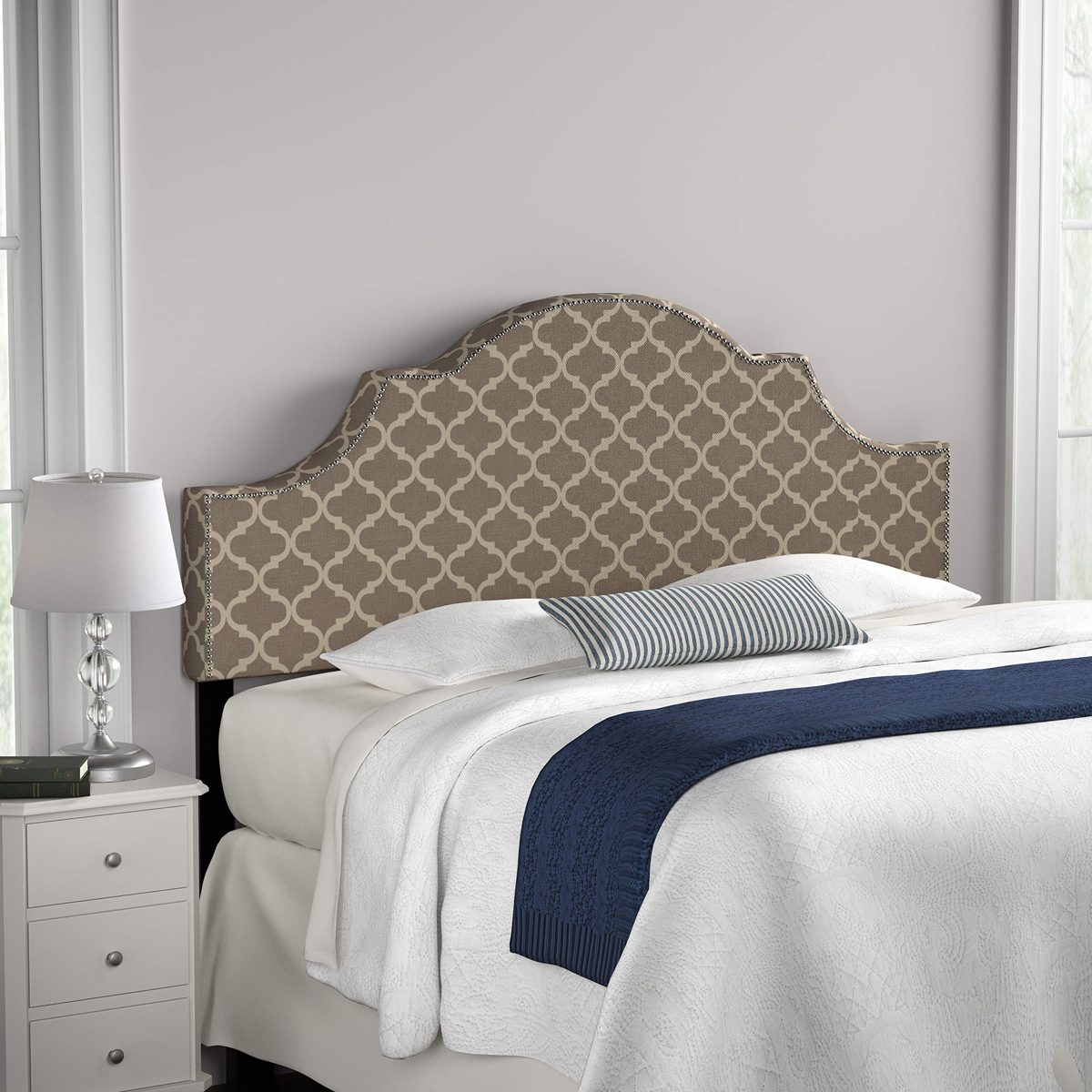 Amazon Brand – Ravenna Home Trellis Pattern Upholstered Headboard - King, 77.6 Inch, Grey and Cream