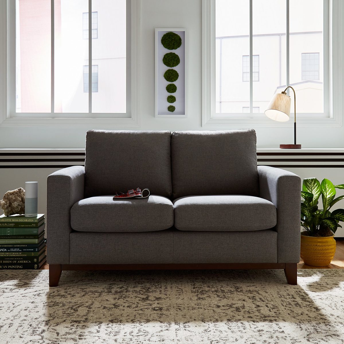 Amazon Brand – Rivet North End Modern Wood Accent Loveseat Sofa Couch, 58.7"W, Grey Weave