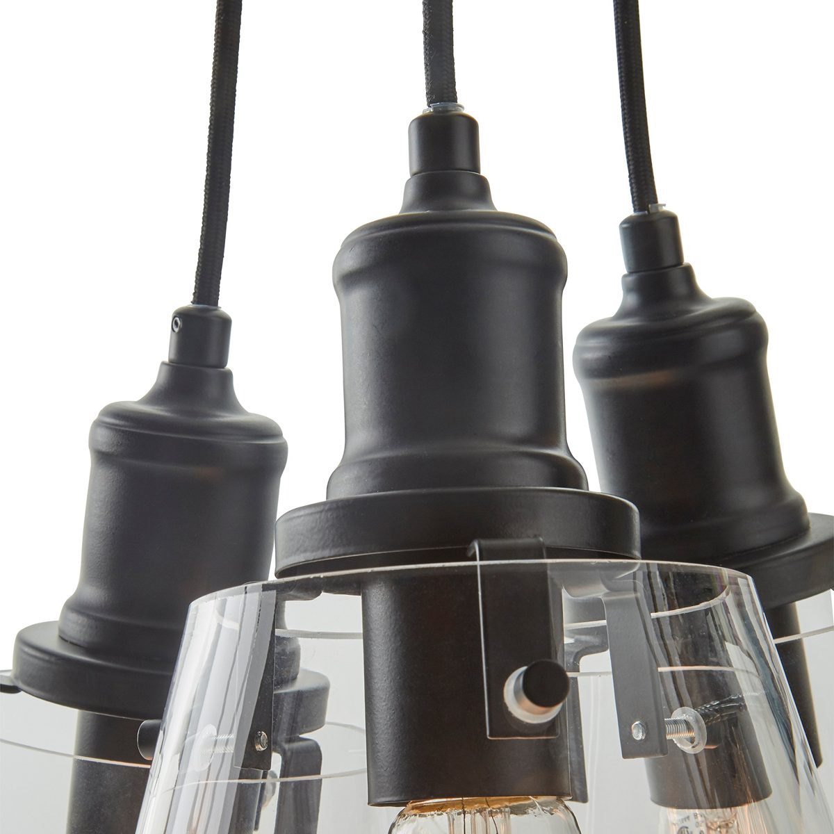 Amazon Brand – Stone & Beam Melissa Industrial Round Glass Cluster Pendant Chandelier Fixture With 3 Light Bulbs - 6.75 x 6.75 Inches, 13.5 - 62.5 Inch Cord, Black