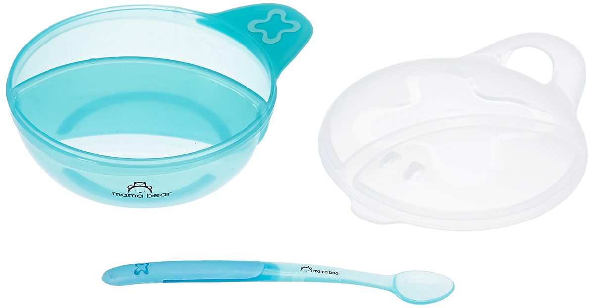 Amazon Brand - Mama Bear Round Bowl with Snap-in Spoon and Lid (Blue)
