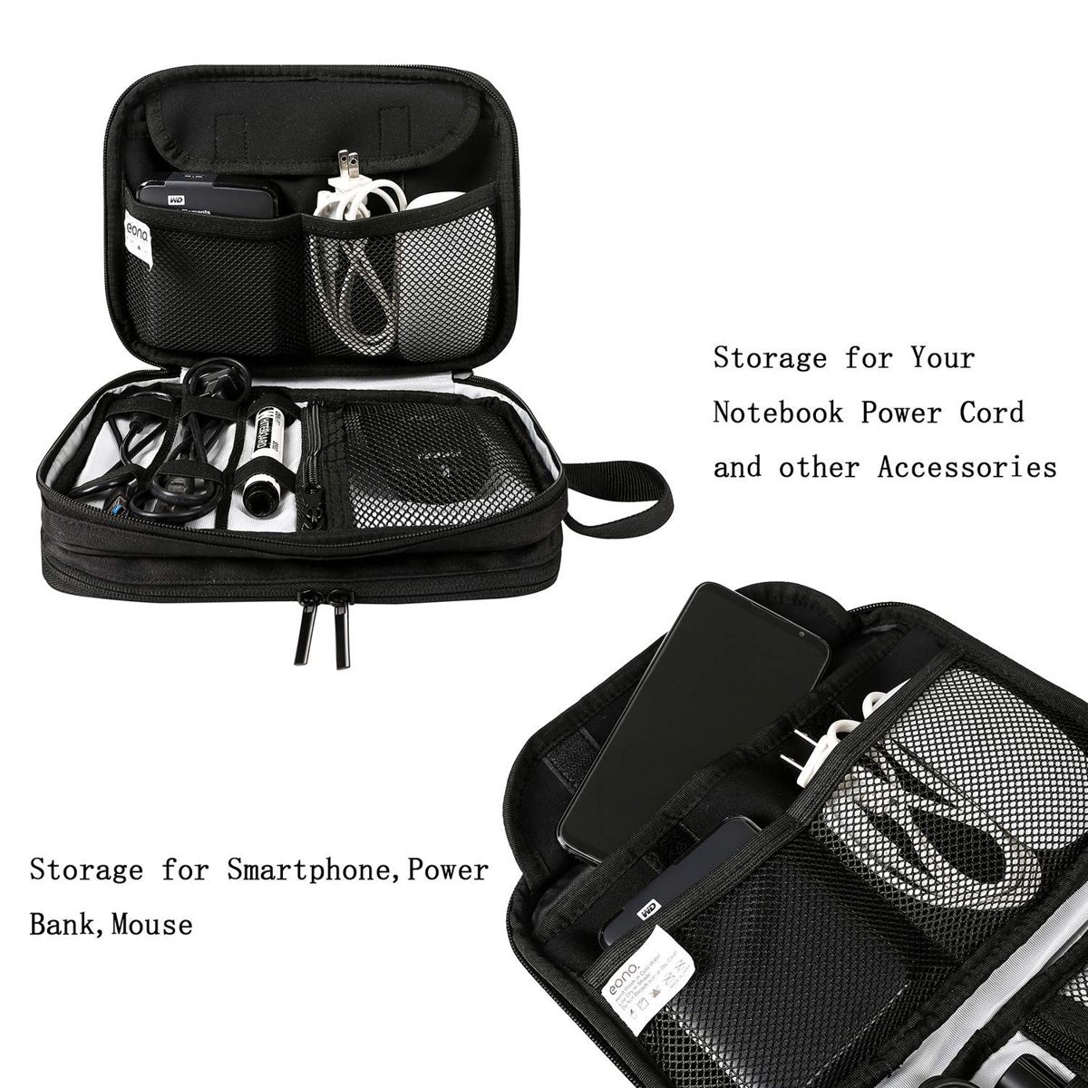 Eono by Amazon - Electronic Organizer, Double Layer Travel Gadget Bag For USB Cable, SD Card, Hard Drive, Power Bank, iPad Mini/Nintendo Swith Console/E-book or Tablet (up to 7.9'') Black
