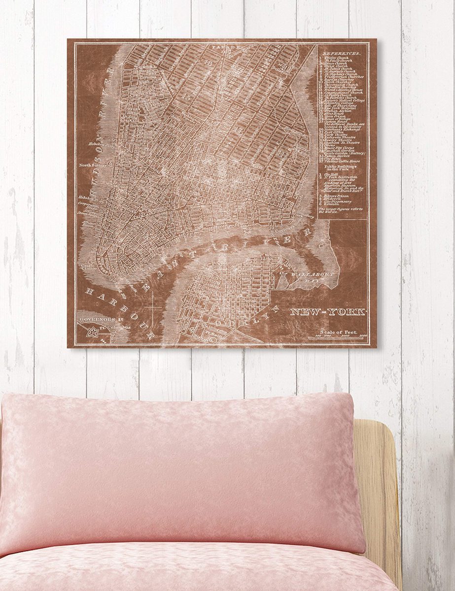 Amazon Brand – Stone & Beam Modern Copper Print Wall Art of New York City Map on Canvas, 24" x 24"