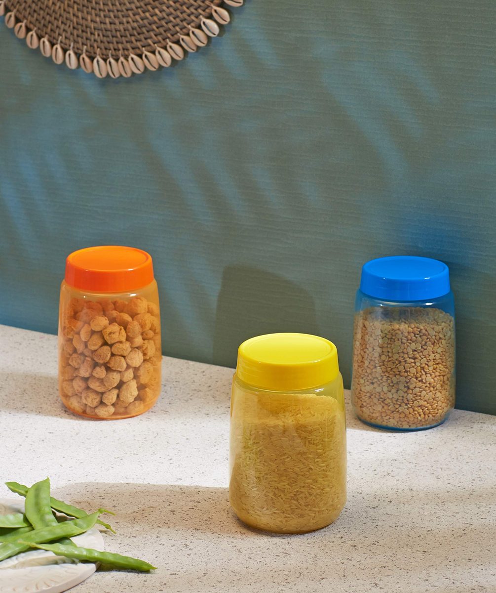 (Renewed) Amazon Brand - Solimo Plastic Storage Bottle Set, 1 Litre, Set of 3, Multicolour
