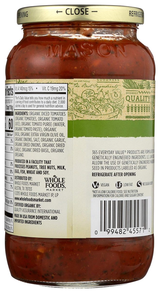 365 Everyday Value, Organic Tomato Basil Pasta Sauce, 25 oz