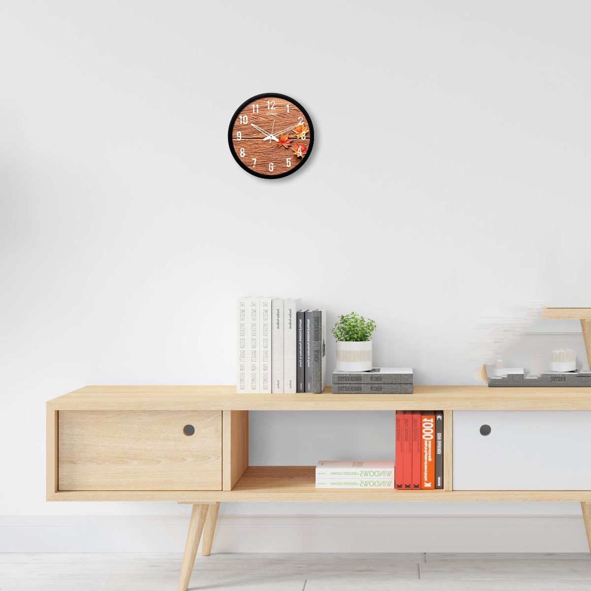Amazon Brand - Solimo 12-inch Wall Clock - Autumn Leaves (Silent Movement, Black Frame)