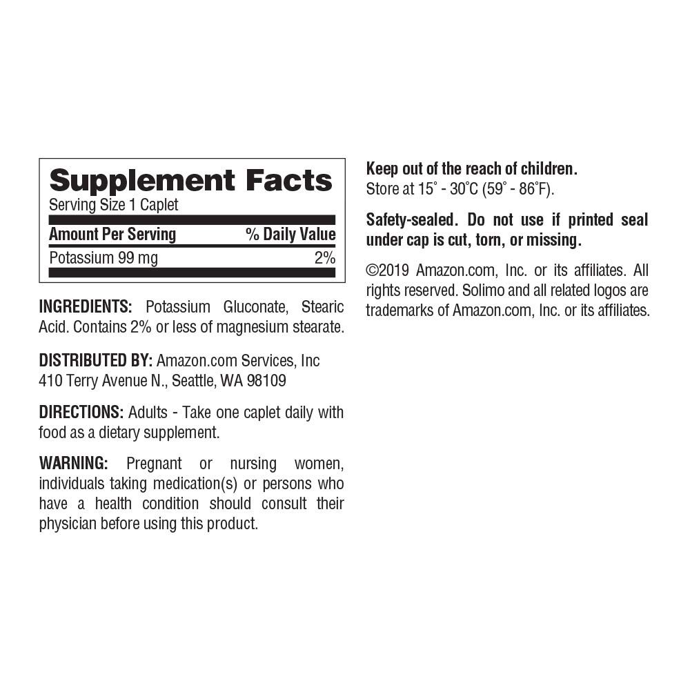 Amazon Brand - Solimo Potassium 99 mg, 120 Caplets, Four Month Supply (Packaging may vary)