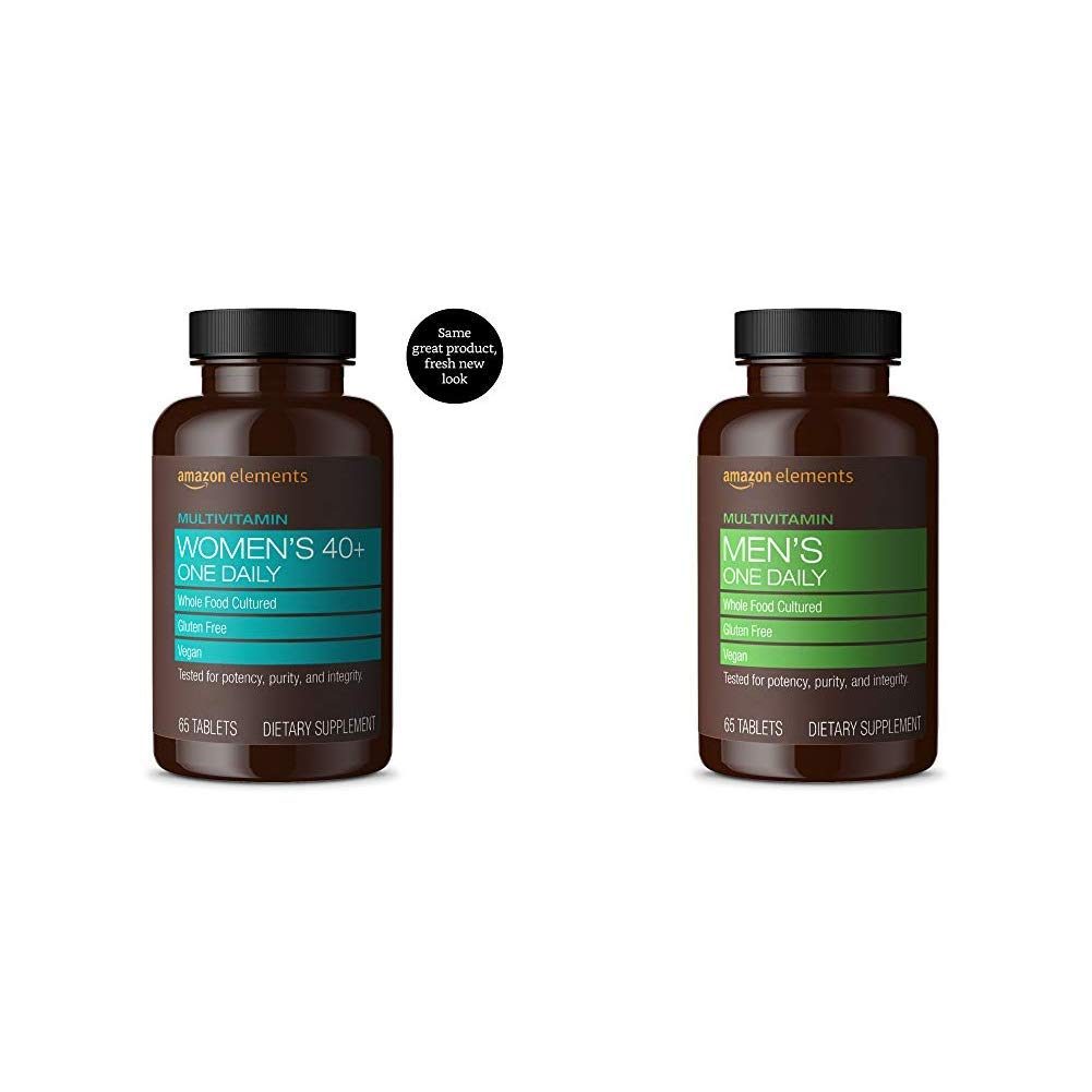 Amazon Elements Women's 40+ One Daily Multivitamin, 66% Whole Food Cultured, Vegan, 65 Tablets, 2month Supply & Men's One Daily Multivitamin, 62% Whole Food Cultured, Vegan, 65 Tablets, 2month Supply