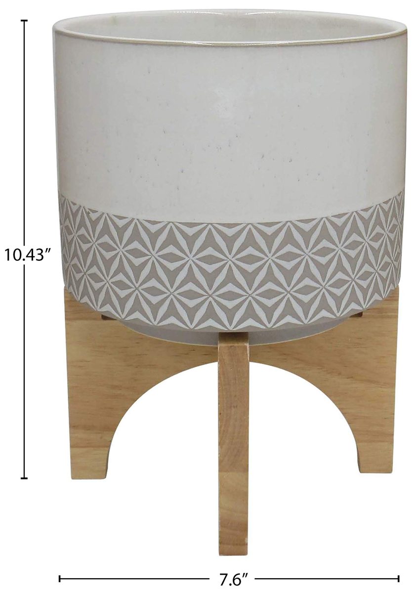 Amazon Brand – Rivet Mid-Century Stoneware Planter with Wood Stand, 10.43"H, Gray and Beige