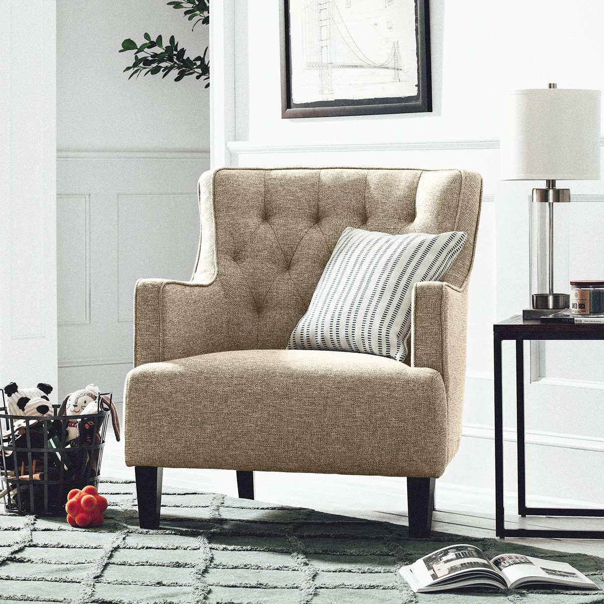 Amazon Brand – Stone & Beam Decatur Modern Tufted Wingback Living Room Accent Chair, 32.3"W, Oatmeal