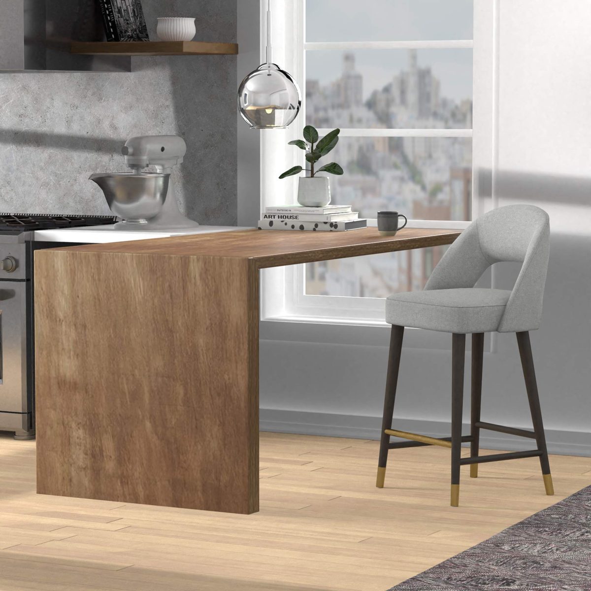 Amazon Brand – Rivet Whit Contemporary Upholstered Bar Stool with Gold Accents, 41"H, Felt Grey