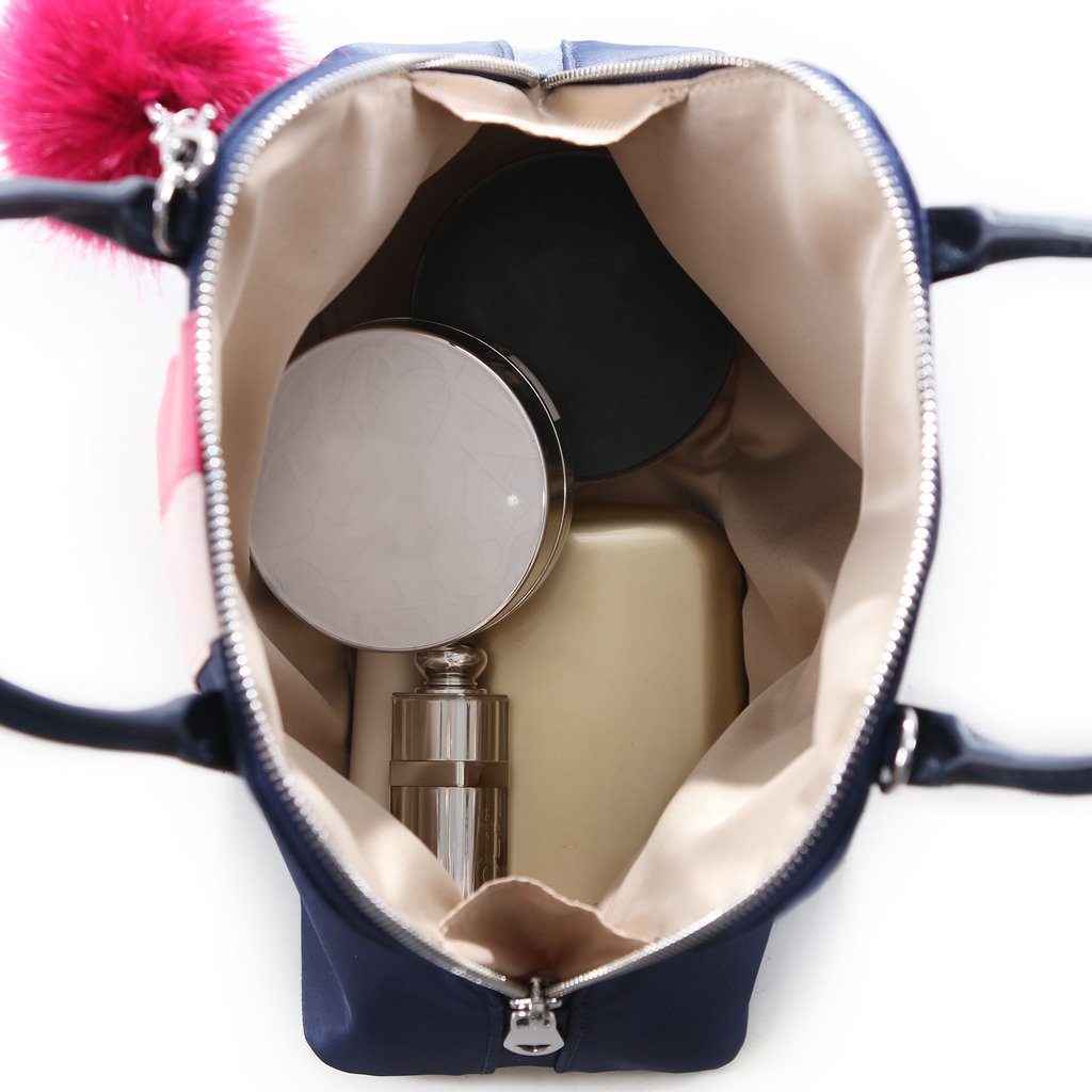 The Lovely Tote Co. Women's Contrast-Stripe Nylon Top Handle Bowler with Faux-Fur Pom Charm,
