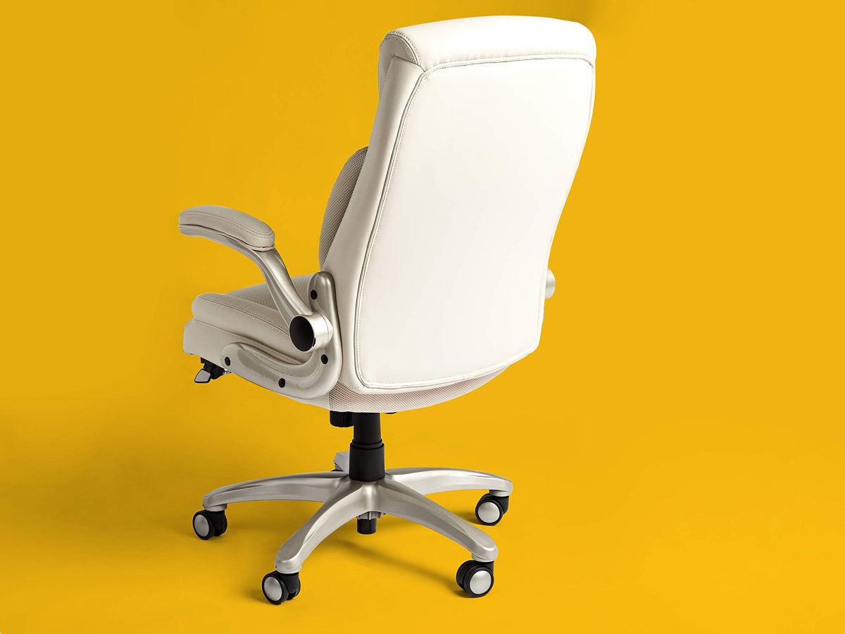 AmazonCommercial Ergonomic High-Back Rhombus-Stitched Leather Executive Chair, with Flip-up Armrests and Motive Lumbar Support, Cream/Ivory