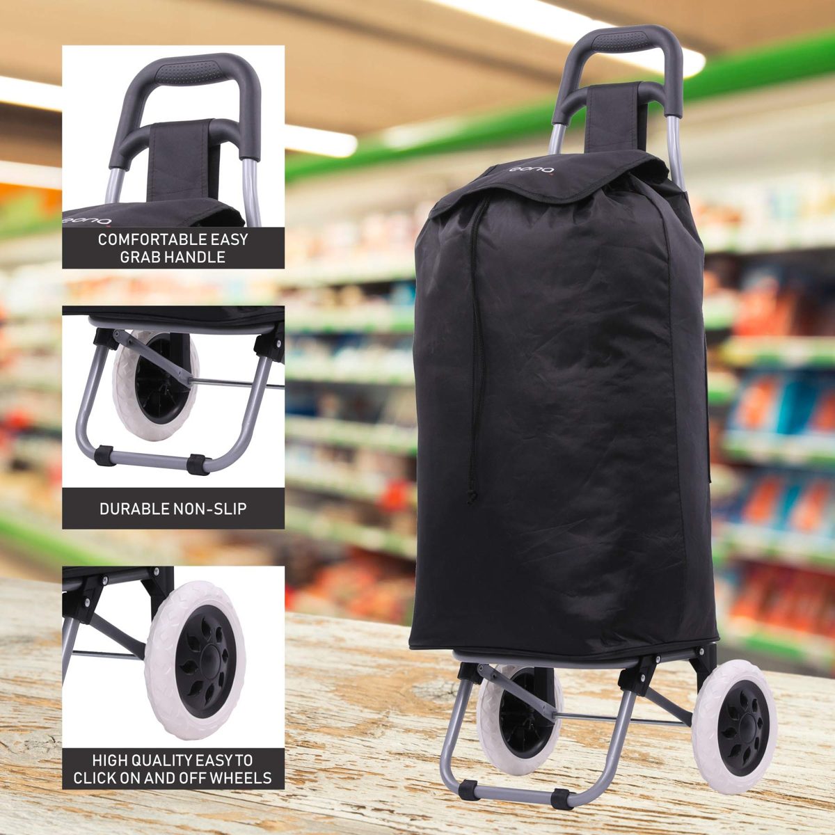 EONO Essentials 47L Lightweight Foldable Shopping Trolley, Set of 2, Black