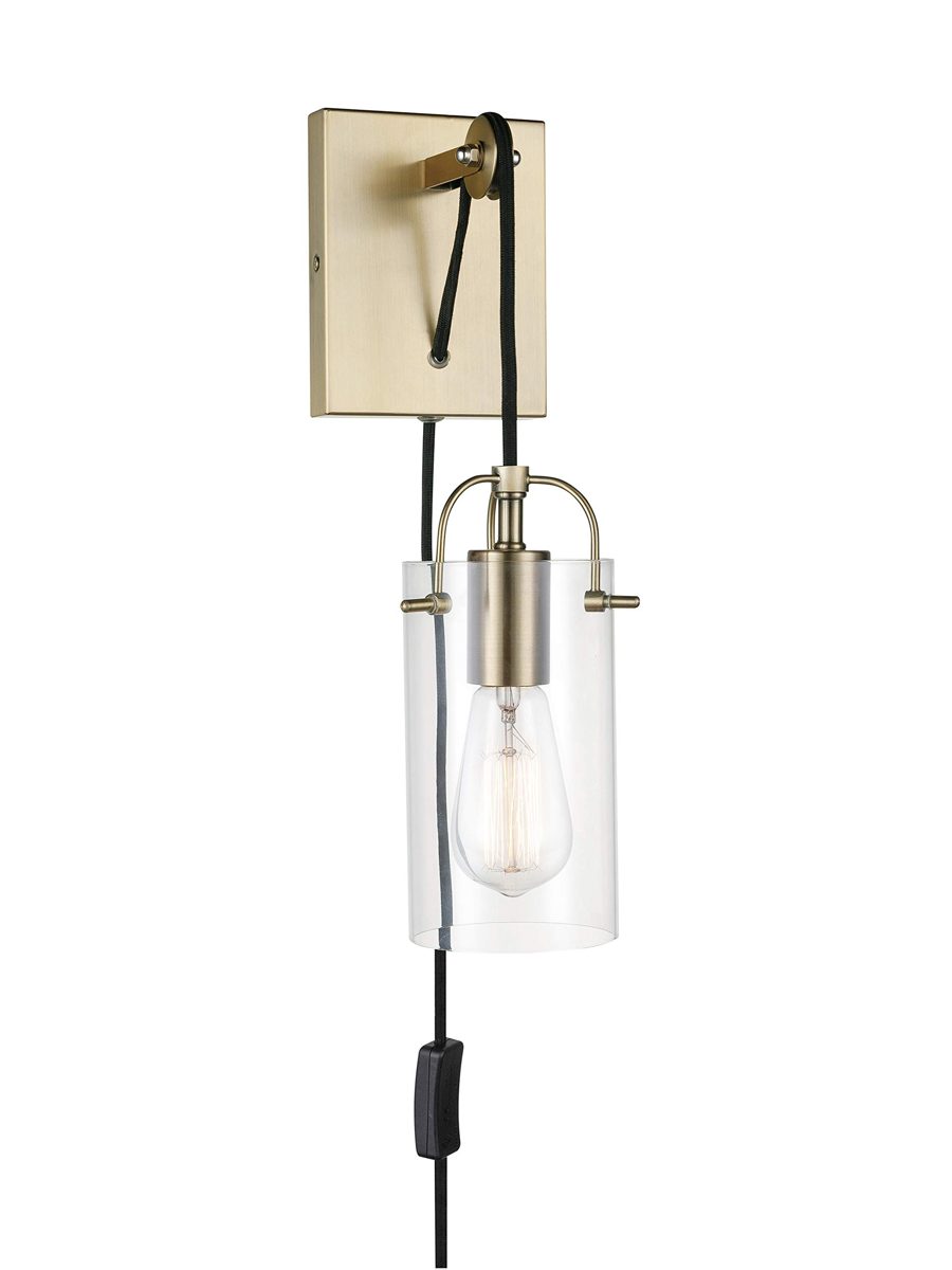 Amazon Brand – Stone & Beam Contemporary Plug-In Wall Sconce, Vintage Edison Bulb Included, 15"H, Antique Brass